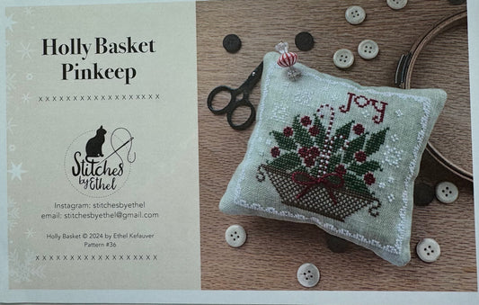 Holly Basket Pinkeep; Stitches by Ethel