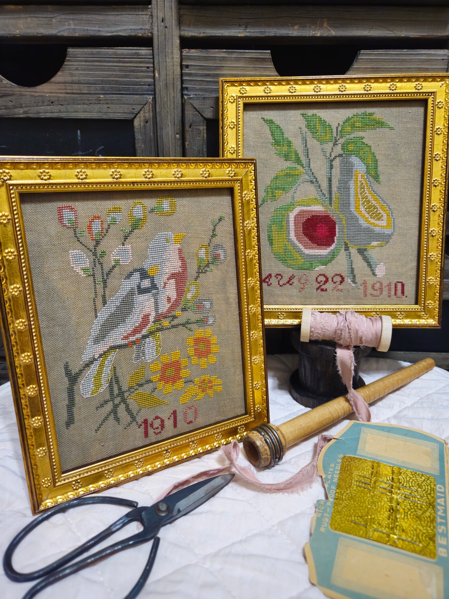 1910 Bird and Pear; Quaint Rose Needlearts