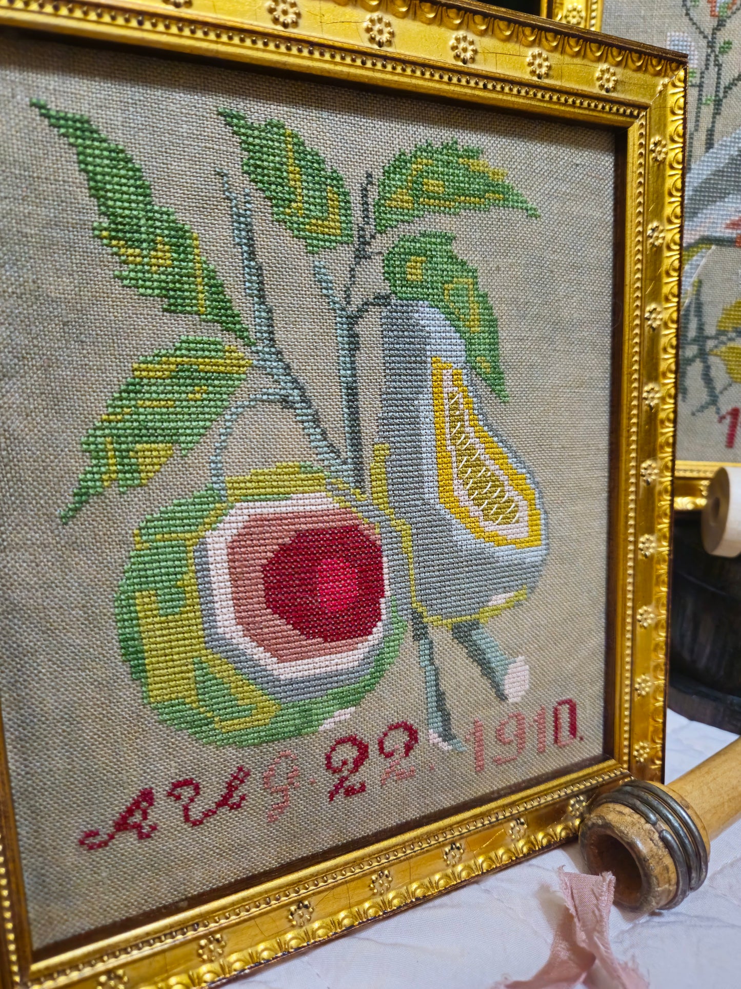 1910 Bird and Pear; Quaint Rose Needlearts